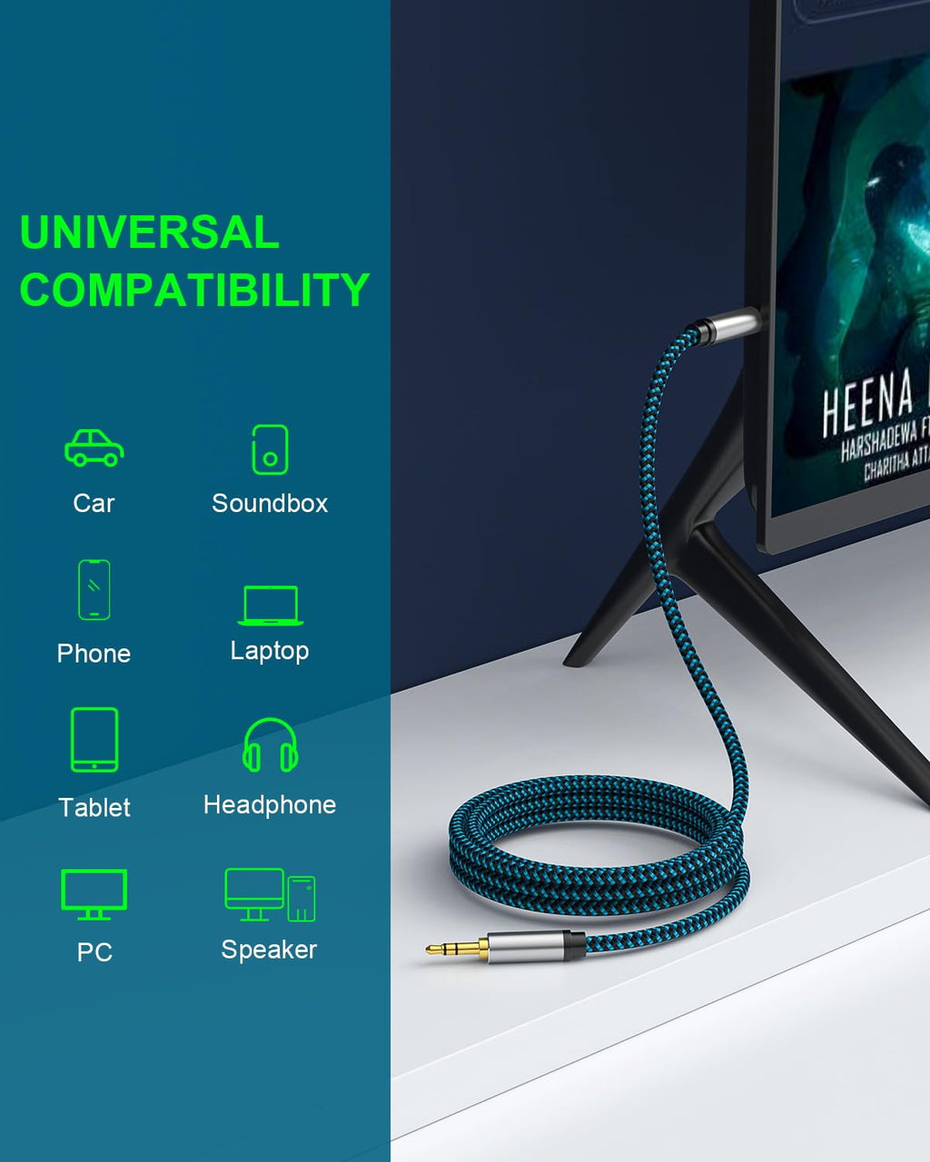 Aux Cord 25Ft, Nylon Braided 3.5Mm Audio Cable Headphone Cable 3.5Mm Male To