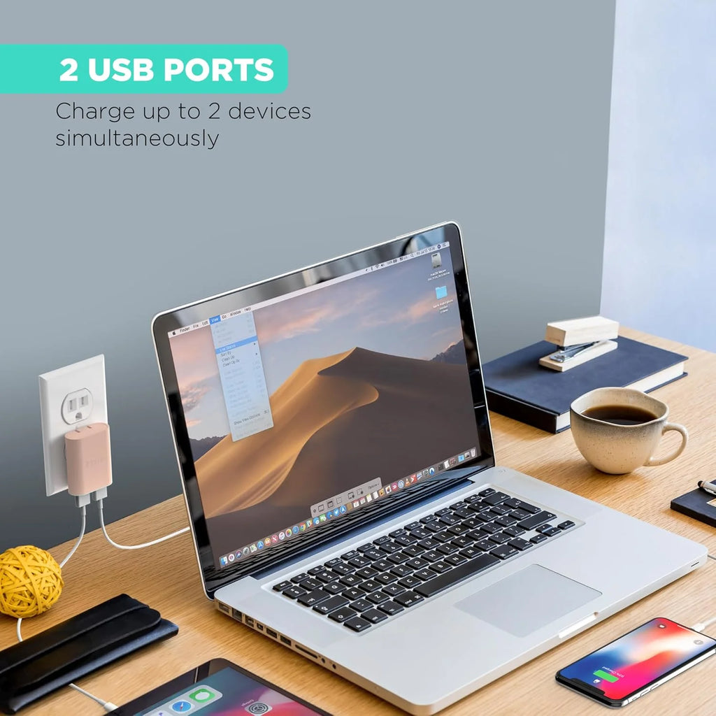 AC Pro 2-Port USB Wall Charger, Flat Plug Adapter, Phone Charging Block for Home & Travel