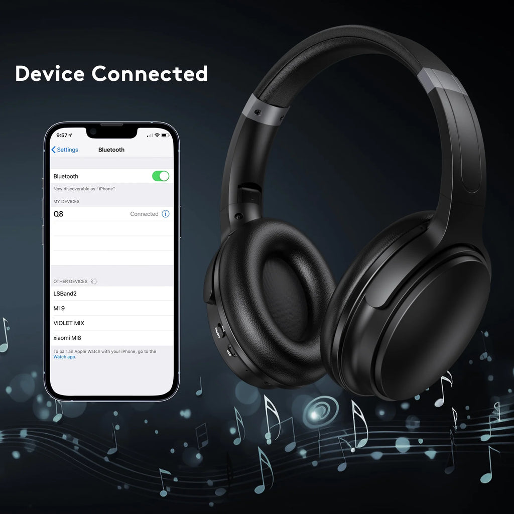 Noise Cancelling Headphones, Wireless Bluetooth Headphones, over Ear Headphones with Microphone, Black, Q8