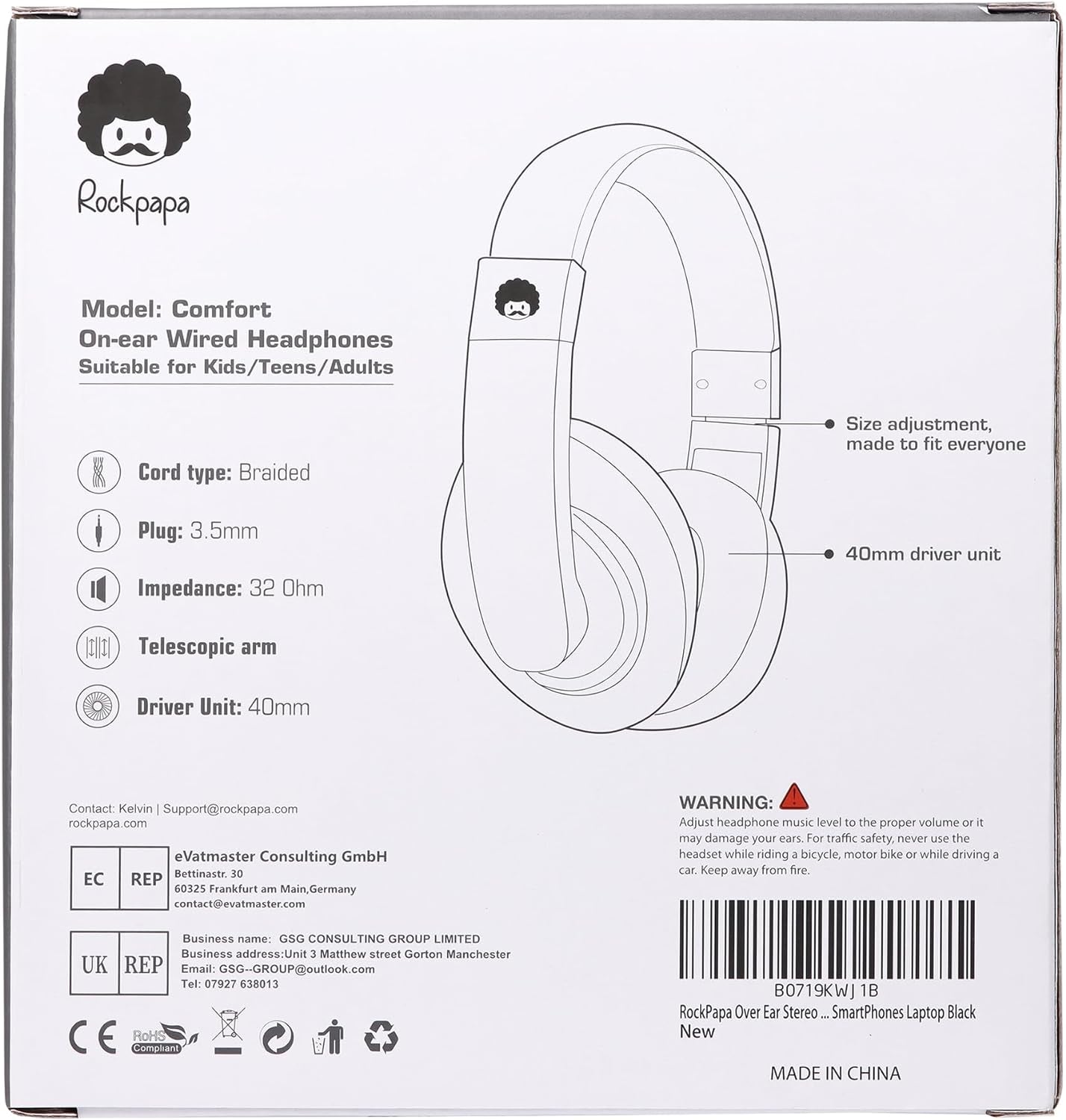 Comfort Kids Headphones for School, Lightweight Childrens Boys Girls Teens Over-Ear Headphones Wired 3.5Mm for CD DVD Player Tablet Phone Travel Black