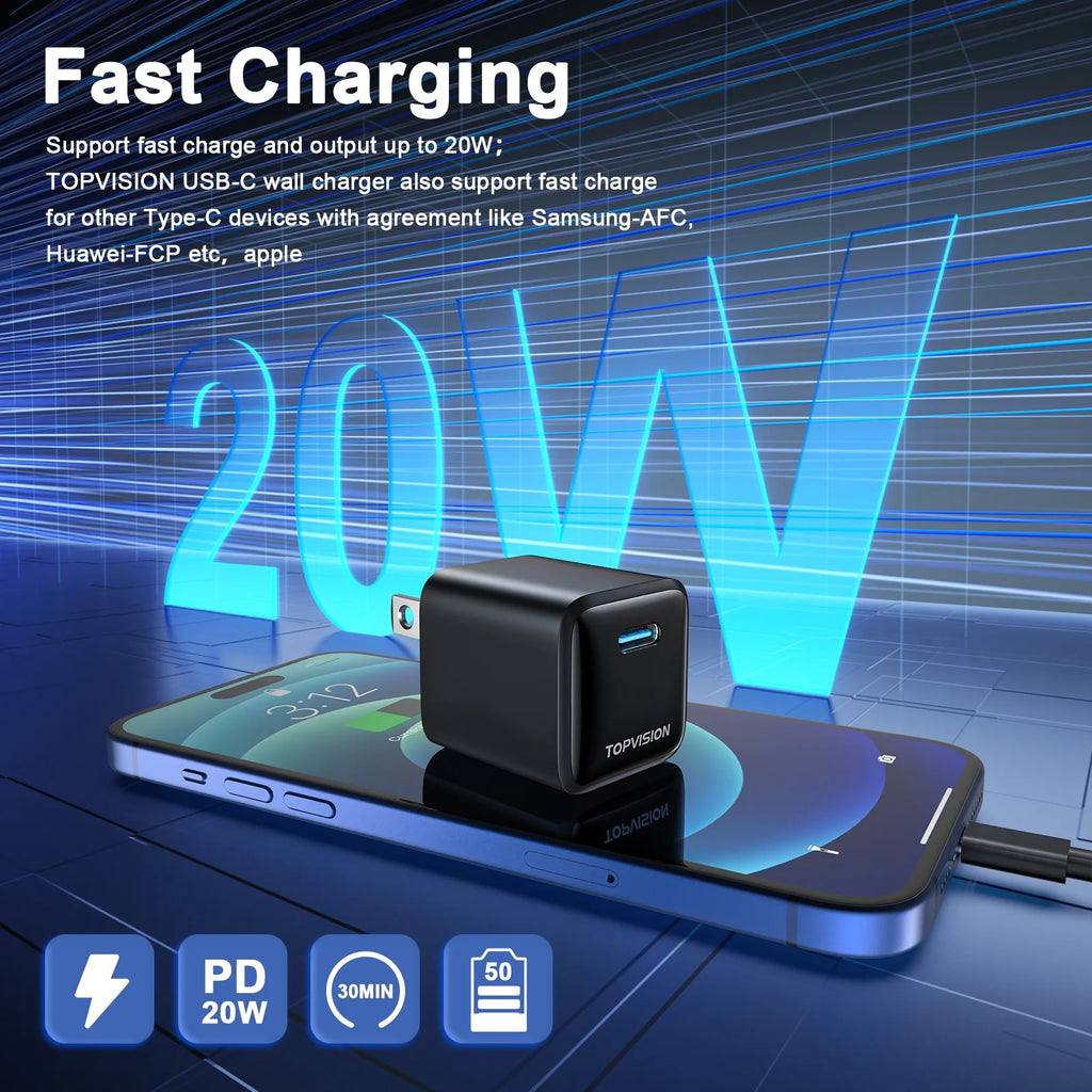 USB-C Charger Block 20W, Wall Charger Fast Charging Block for Apple, Android, 1 Pack