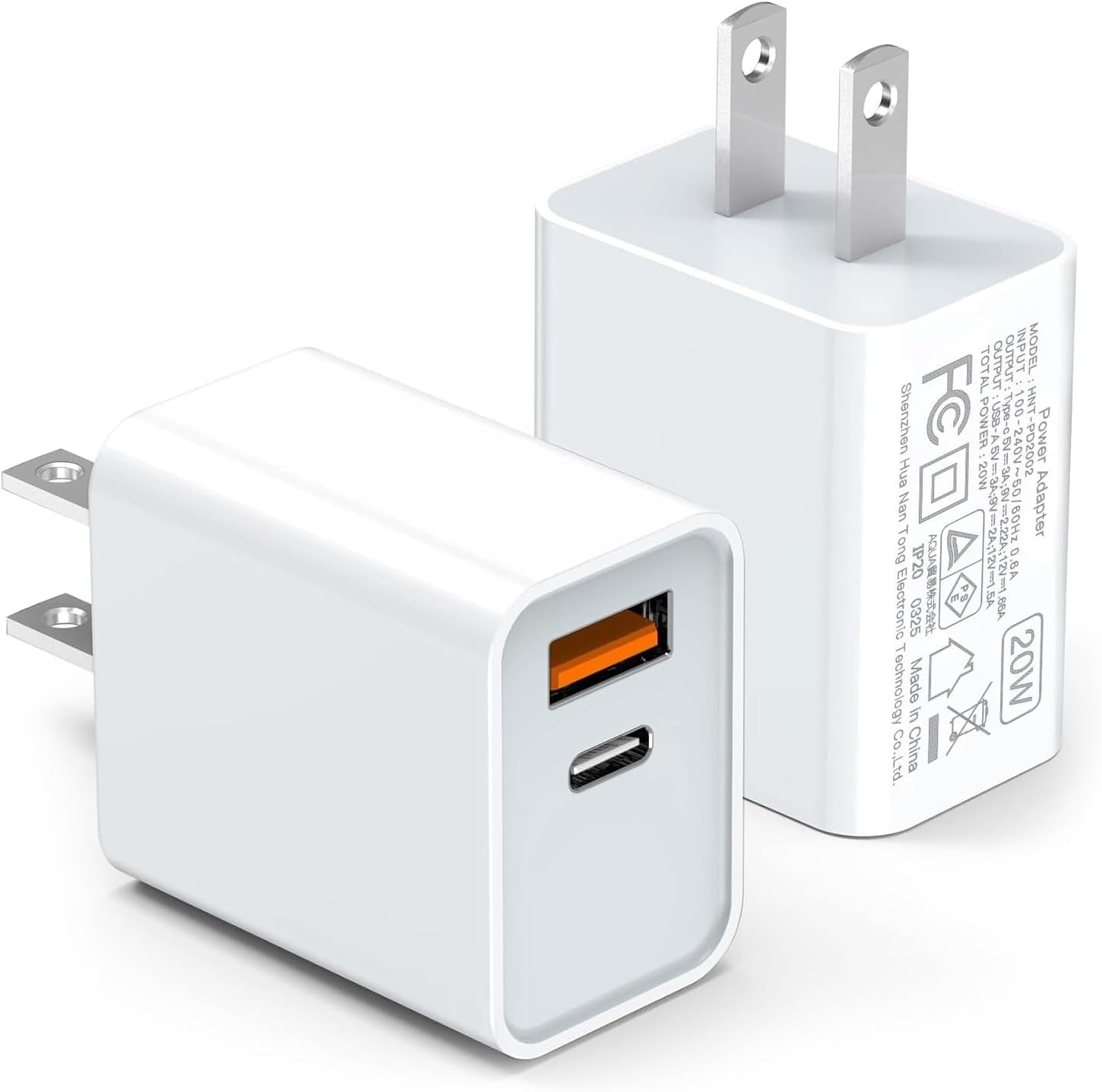 USB C Wall Charger 20W, Dual Port Fast Charging Block - White, 2 Pcs
