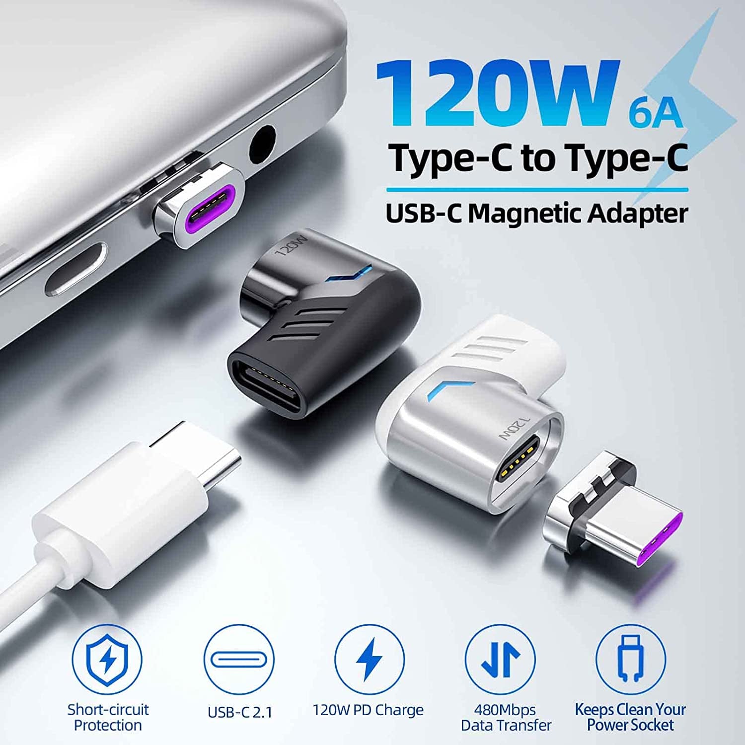 USB C Magnetic Adapter, USB2.0 Type C Right Angle Connector with PD 120W Charge and 480Mbps Data Transfer, Compatible for Macbook Pro/Air Ipad Pro and More USB C Devices